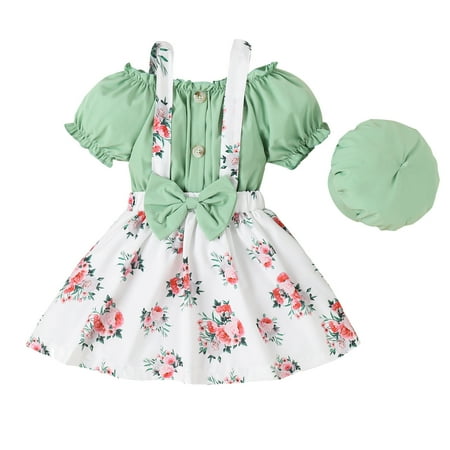 

HIBRO Toddler Girls Short Sleeve Bowknot Tops Prints Suspender Skirt Beret Three Piece Outfits Set For Kids Clothes Girl Baby Stuff Matching Baby Girls Clothes