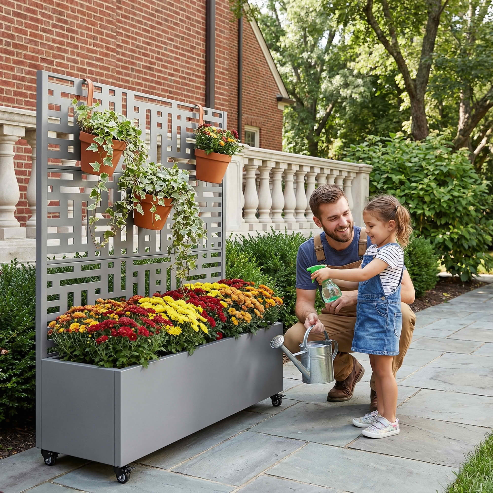 MAYEERTY 47X47" Metal Outdoor Gray Privacy Screen with Planter Box for Backyard & Garden, 3 Piece Set