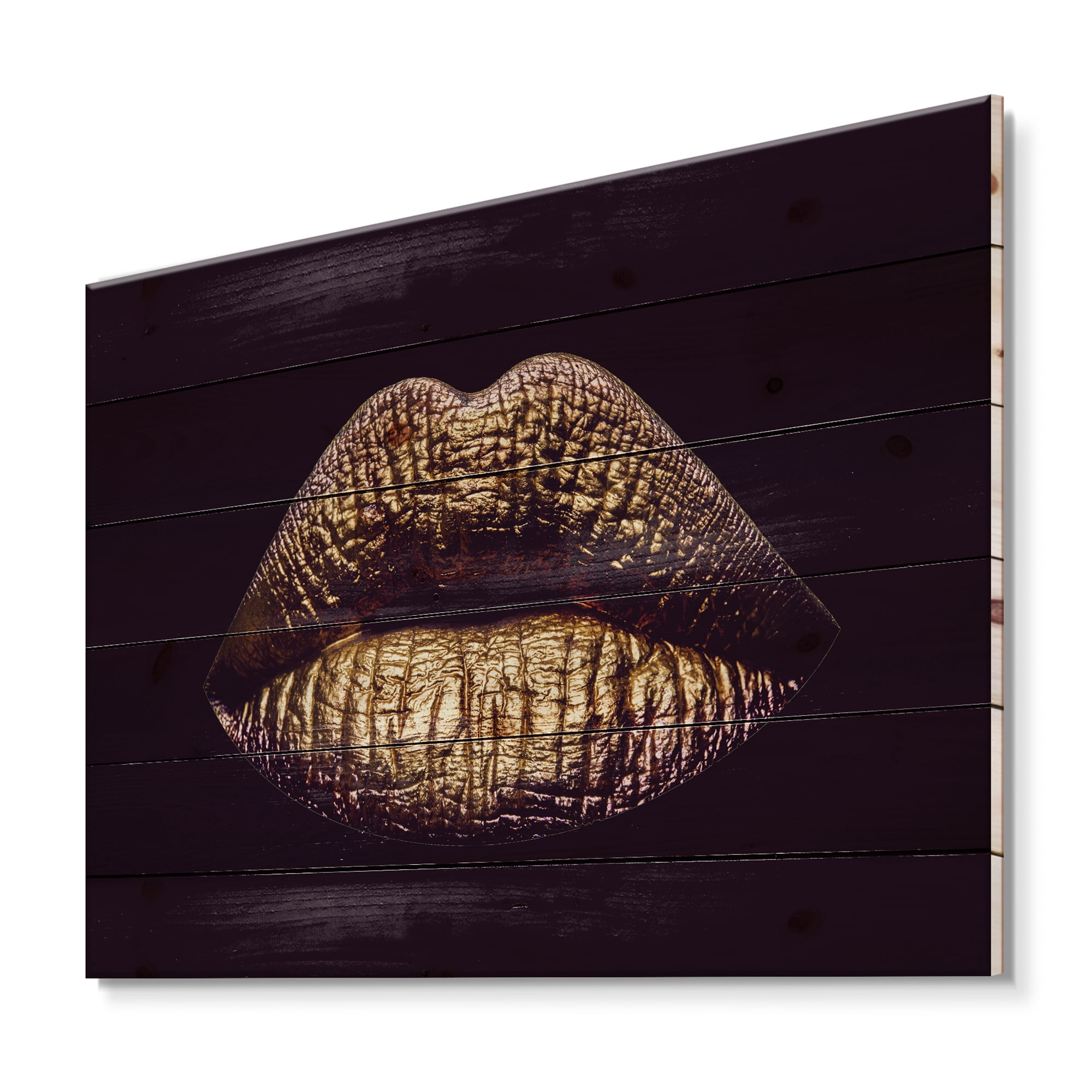 Designart 'Sexy Golden Metallized Woman Lips II' Modern Print on Natural Pine Wood