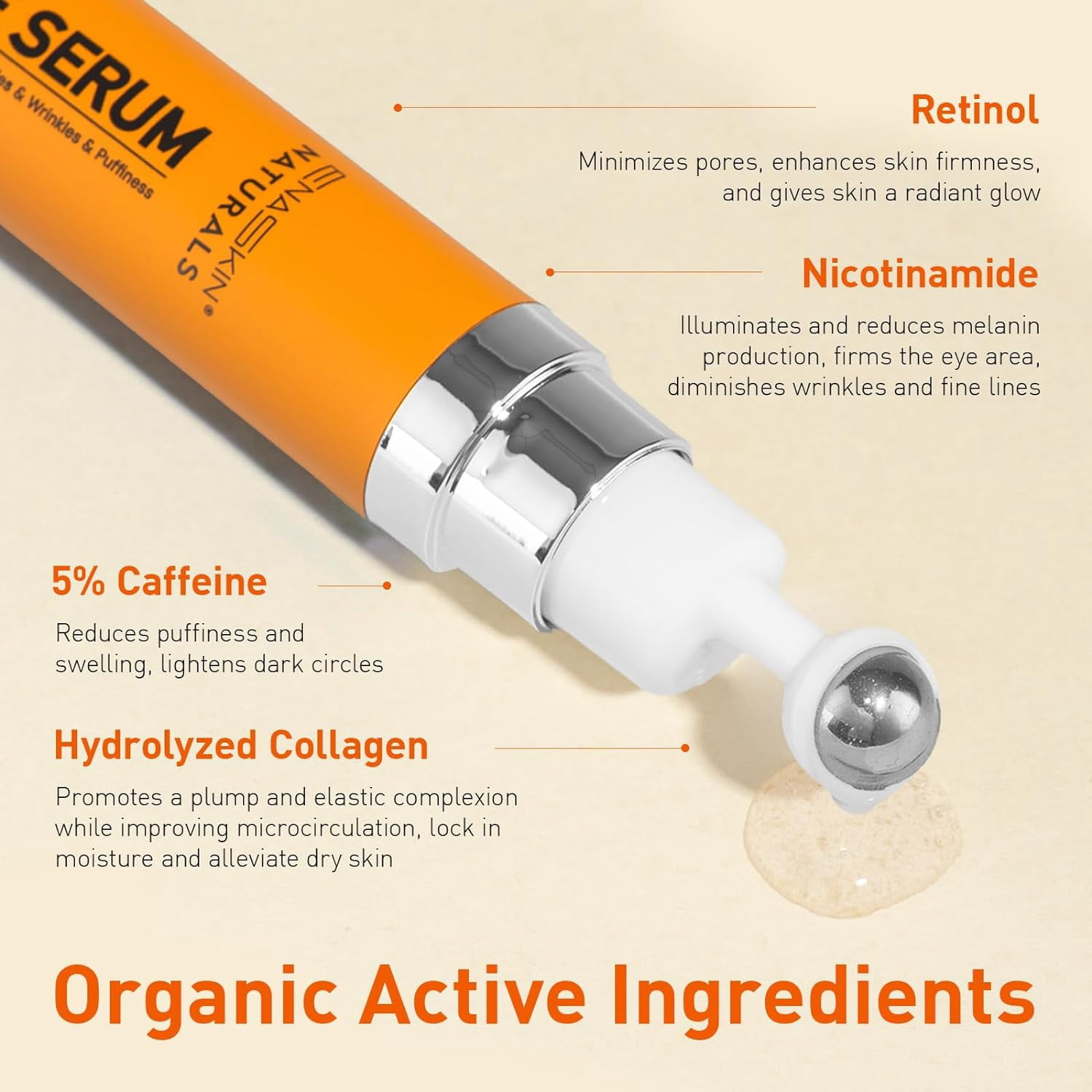 Enaskin Naturals 5% Caffeine Eye Serum, Under Eye Cream with Retinol and Collagen, 1.7 fl oz