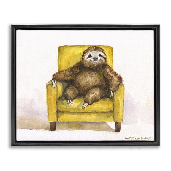 Stupell Industries Happy Sloth Relaxing on Armchair Black Framed Floater Canvas Wall Art, design by George Dyachenko