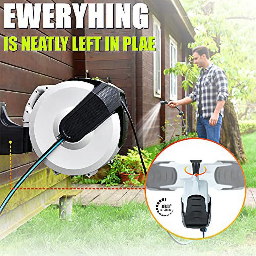 PinWheel Garden Hose Reel Wall Mount, Slow Return 5/8 Inch × 100 + 6 FT Retractable Water Hose Reel Automatic Rewind with Any Length Lock, 9 Pattern Hose Nozzle, 180° Swivel Bracket - image 2 of 7