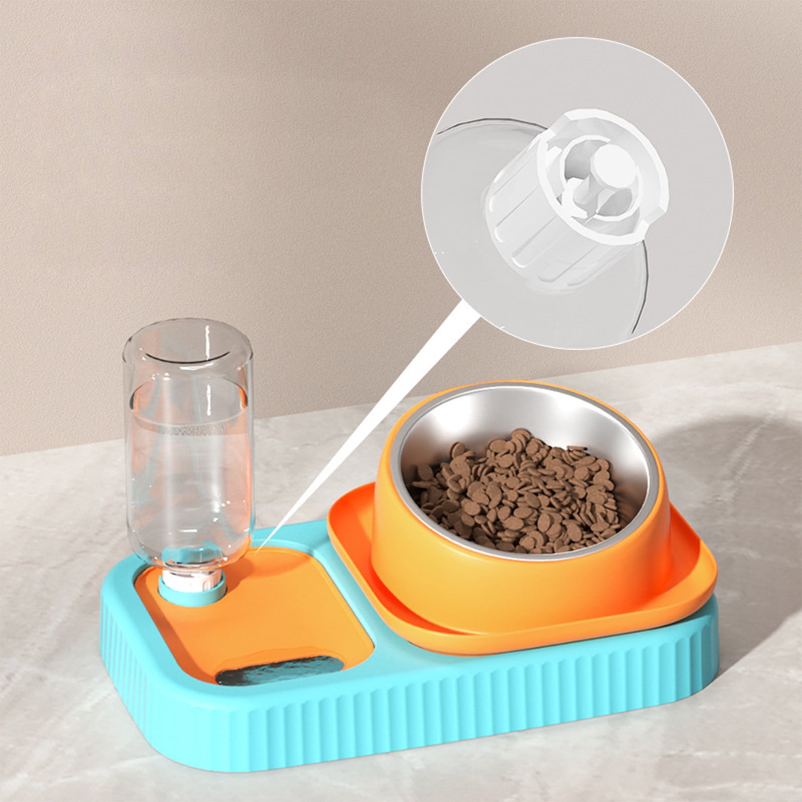Orange Stainless Steel Double Bowl Pet Feeder Automatic Gravity Water Bowl Anti Tip For Cats Dogs Warm Water Heating