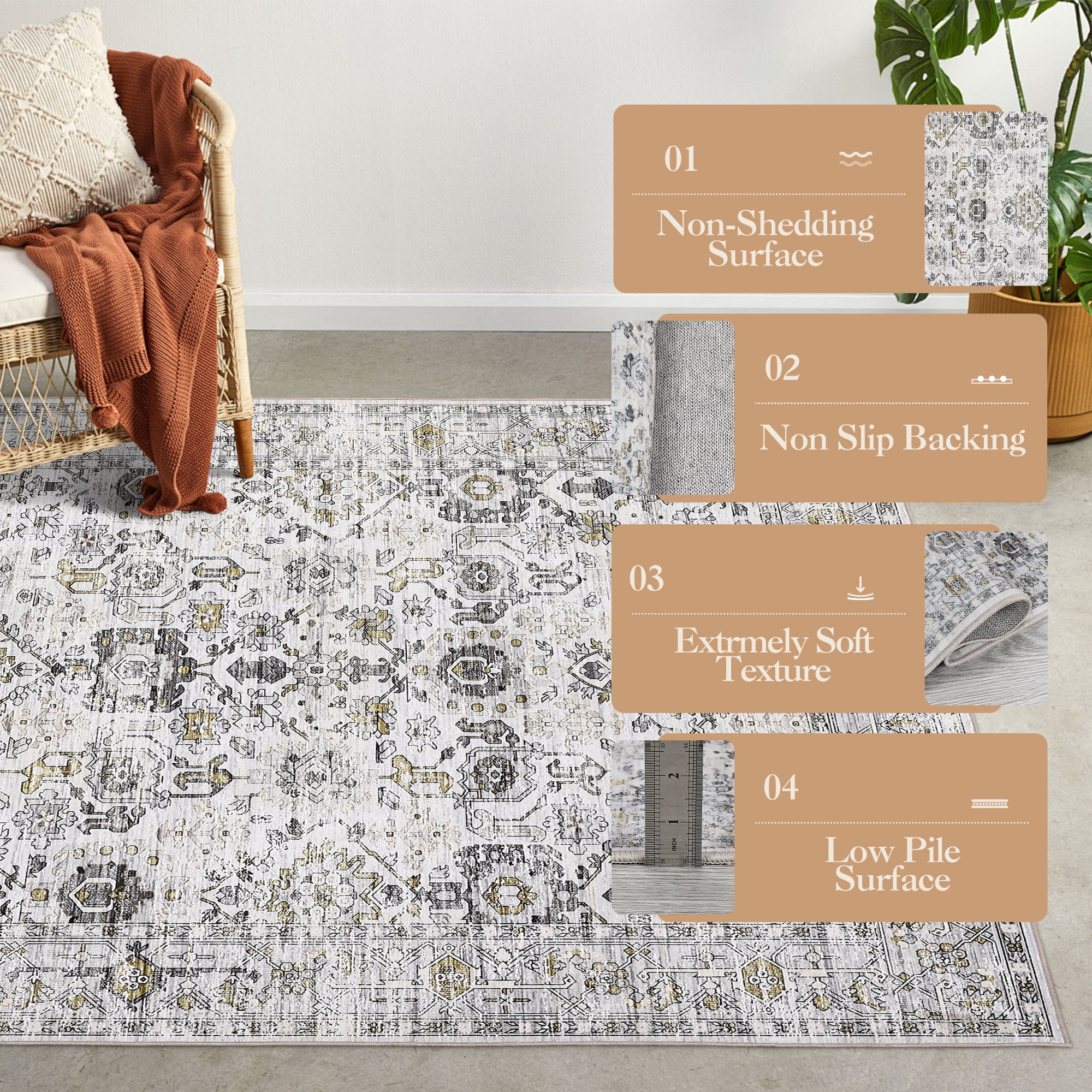 FairOnly 9'x12' Grey Boho Floral Area Rugs for Living Room Low Pile Non Shedding Rugs for Family Room Nursery Carpet