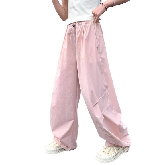 CONROSES Girls Baggy Cargo Pants Wide Leg Hiking Pants for Girls Trendy Solid Elastic Waist Drawstring Outdoor Jogger Pants With Pockets