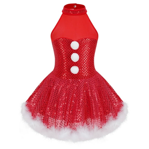 IEFIEL Kids Girls Mesh Splice Shiny Sequins Ballet Tutus Figure Skating Dress Snowman Cosplay Costume Dancewear Red 10