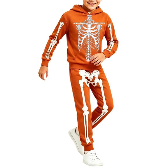 Otqutp 2 Piece Kids Halloween Sets Boys Skeleton Print Crew Neck Sweatshirt and Bone Jogger Pants Fall Trendy Party Clothes