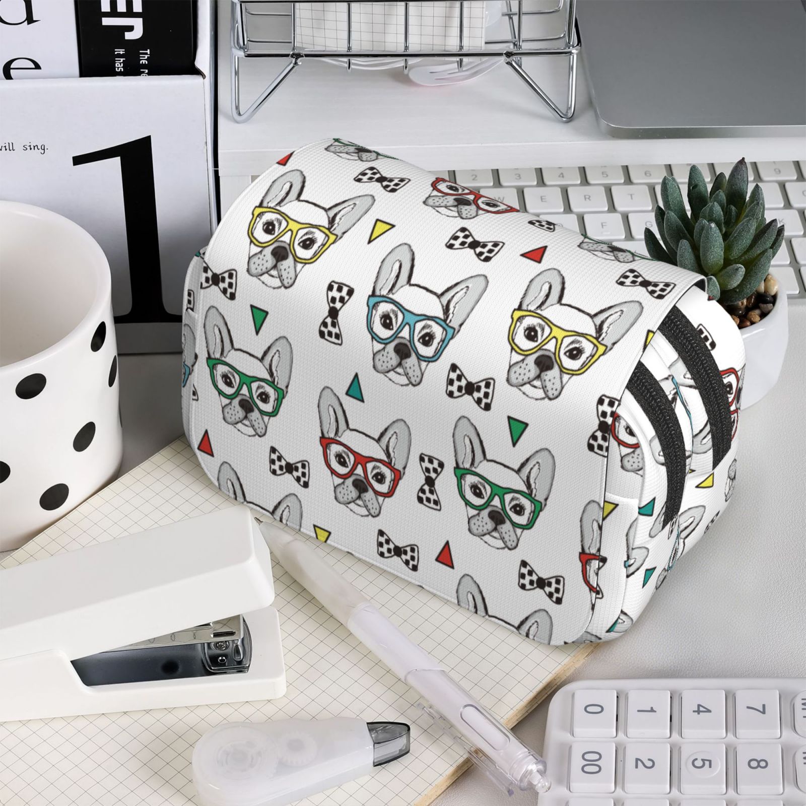 Rateoe Cute French Bulldog Pattern Double Clamshell Pen Case, Storage Organizer with Two Zipper Compartments– Holds Up to 50 Pencils & Pens