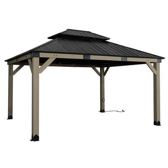 Aoodor 12' x 14' Wood Gazebo, Upgrade Cedar Wooden Frame Gazebo with 2-Tier Galvanized Steel Roof and Outlets for Patio, Backyard, Deck, and Lawn