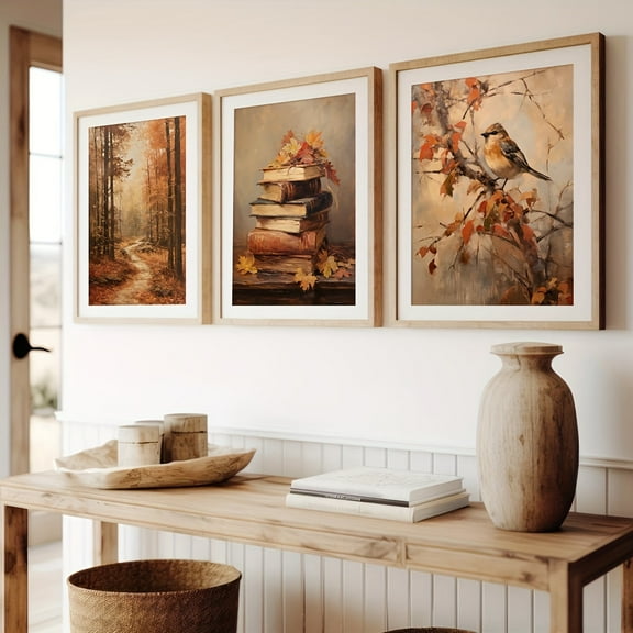 3pcs Vintage Autumn Fantasy Forest Book Bird Moody Wall Art Prints, Rustic Fall Decor Posters, Dark Academia Art Painting, Halloween Autumn Decor, Thanksgiving Decor, Ideal Gifts for Living Room, Be