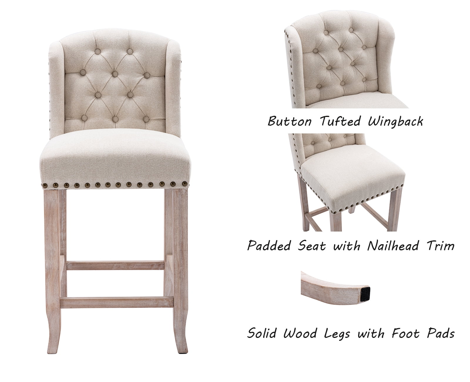 Guyou Modern Tufted Bar Stool Set of 2, 26" Counter Height Bar Stool with Back and Nailhead Trim, Linen Upholstered Solid Wood Kitchen Island Chair Barstools for Bar Restaurant Cafe Dining Room, Beige