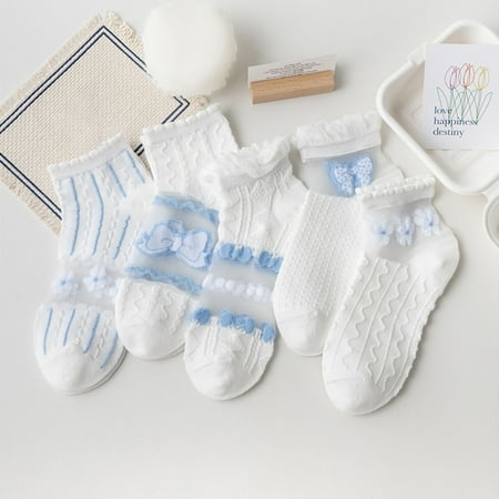 

5 Pairs Stretchy Non-Slip Bottoms Quick Drying Women Socks Sweet Embroidery Floral Bow Splicing Glass Silk Shor