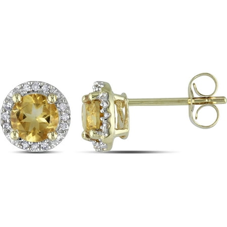 7/8 Carat T.G.W. Citrine and Diamond Accent 10kt Yellow Gold Halo Stud Earrings