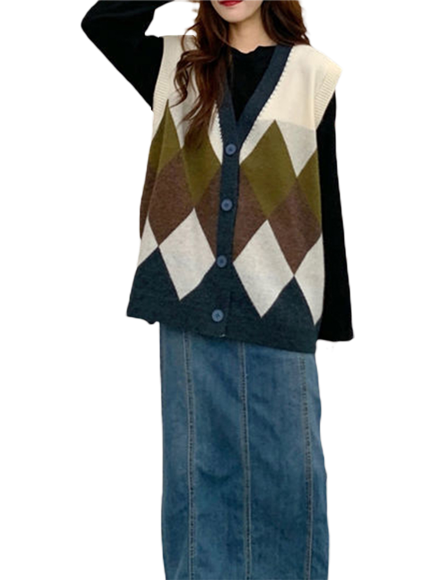 Diconna Women Oversized Knitted Sweater Vest Casual Argyle Plaid