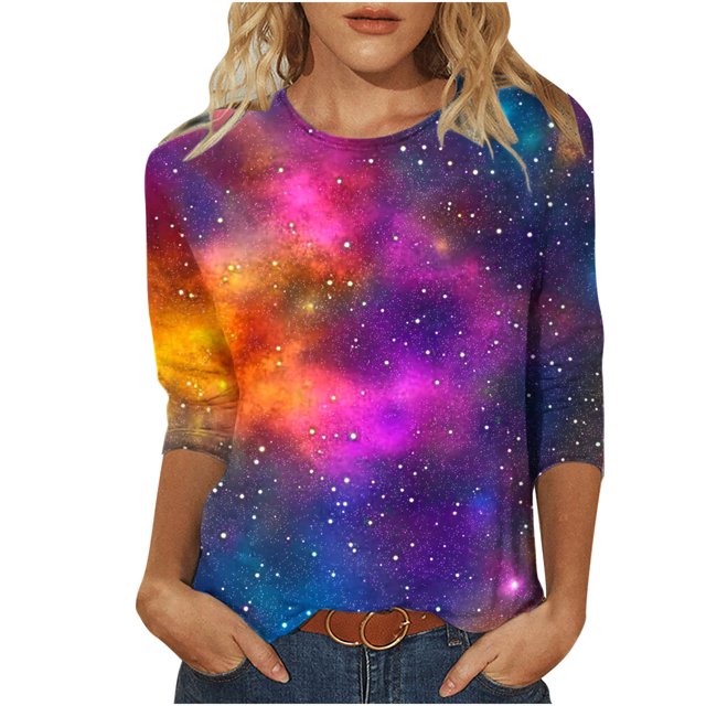 Staron Womens Casual Tops Clearance Under $5 Fashion Print Crew Neck Tunic 3/4 Sleeve Basic Graphic Tees Flowy Tops