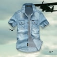 thumbnail image 4 of Mens Denim Shirt Short Sleeve Vintage Button Up Big & Tall Classic Collar Breathable Cotton Relaxed Fit Classic Snap Jean Shirts With Pockets,Light blue,XL, 4 of 5