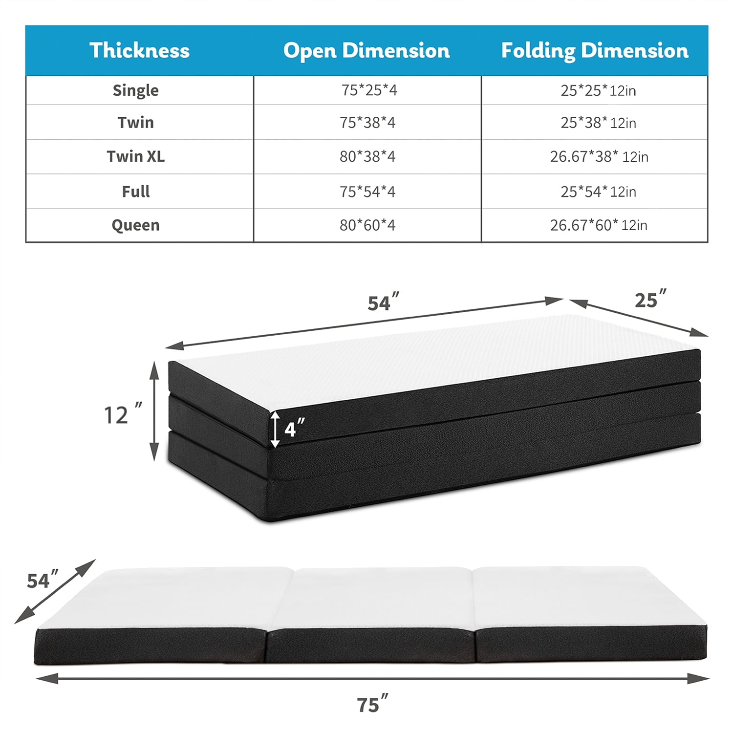 4-Inch Tri Folding Memory Foam Mattress with Removable Cover, Twin Tri-Fold Mattress
