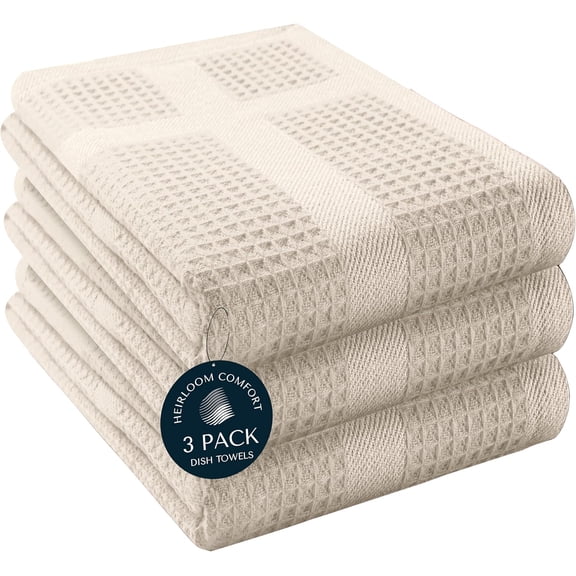 FYSGDF-5 Pack Ivory Waffle Weave Kitchen Towels, 16"x26", 100% Cotton, Super Absorbent, Fast Dry, Durable Dishcloth Set for Cleaning, Drying Dishes, Hand Towels, Machine Washable, Cream