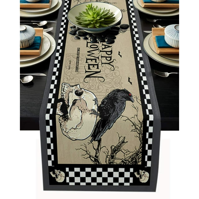 Halloween Table Runner, Crow Bat Black Plaid Rustic Table Runner for Holiday Birthday Party Kitchen Dining Table Home Decor,