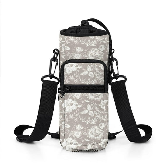 Water Bottle Carrier Holder Sling Bag Sleeve 25/32/40/64 Oz Grey Embroidery Insulated Sling Sleeve Case Cover with Strap Pockets for Men/Women Boys Girls