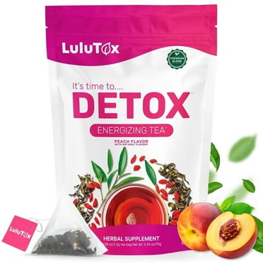 Lulutox Detox Tea - Slimming Tea with Dandelion and Ginseng to Support Goals for Detox Cleanse, Flat Belly, Bloating, Healthy Weight and Digestive Health - Women & Men - Peach Flavor (28 Servings)