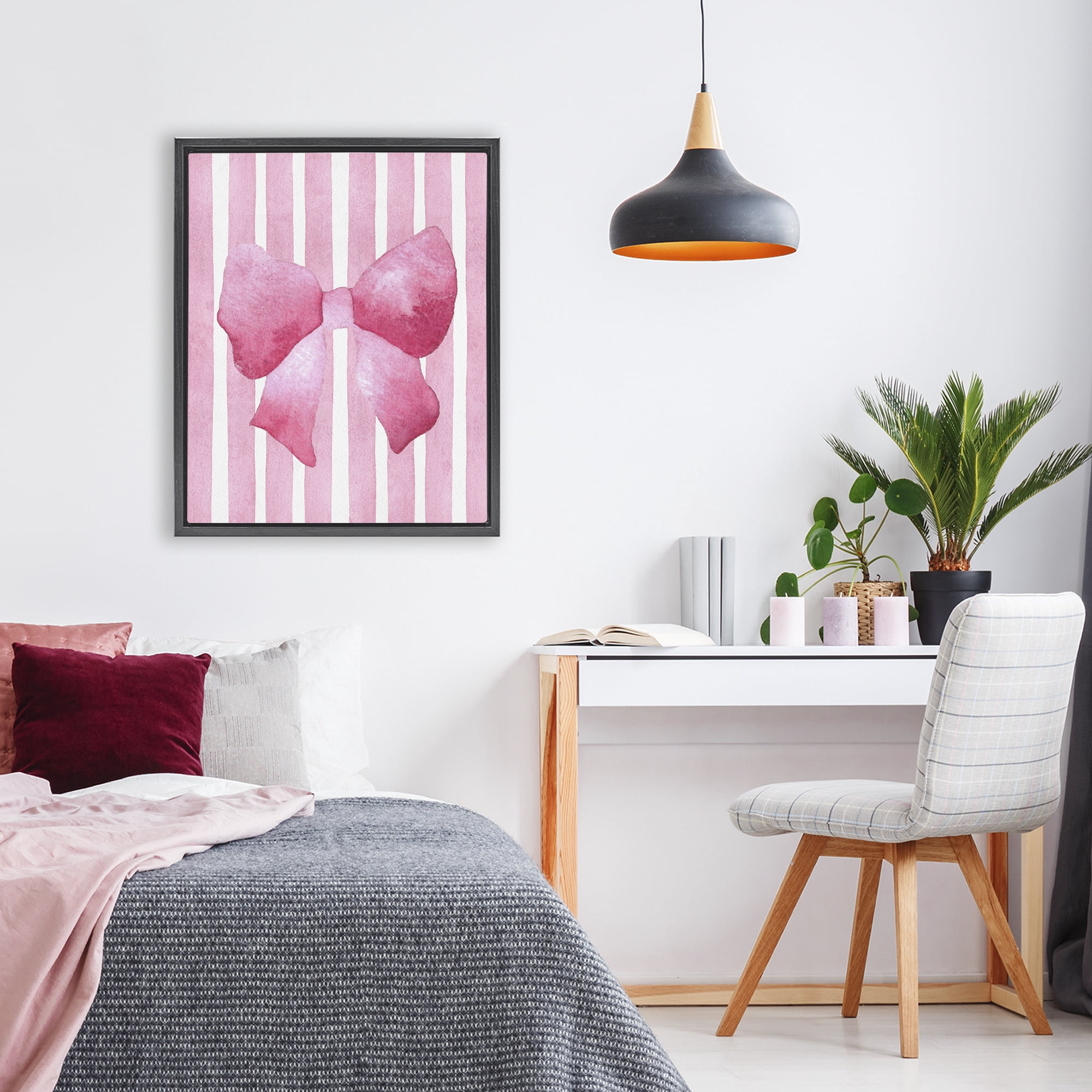 Stupell Industries Chic Bow on Pink Stripes Black Framed Floater Canvas Wall Art, design by Camila Juncos