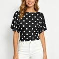 thumbnail image 2 of ClodeEU Women's Polka Dot Short Sleeve Blouse,Crew Neck Puff Sleeve Ruched Waist Crop Top Black,Women's Plus L, 2 of 9