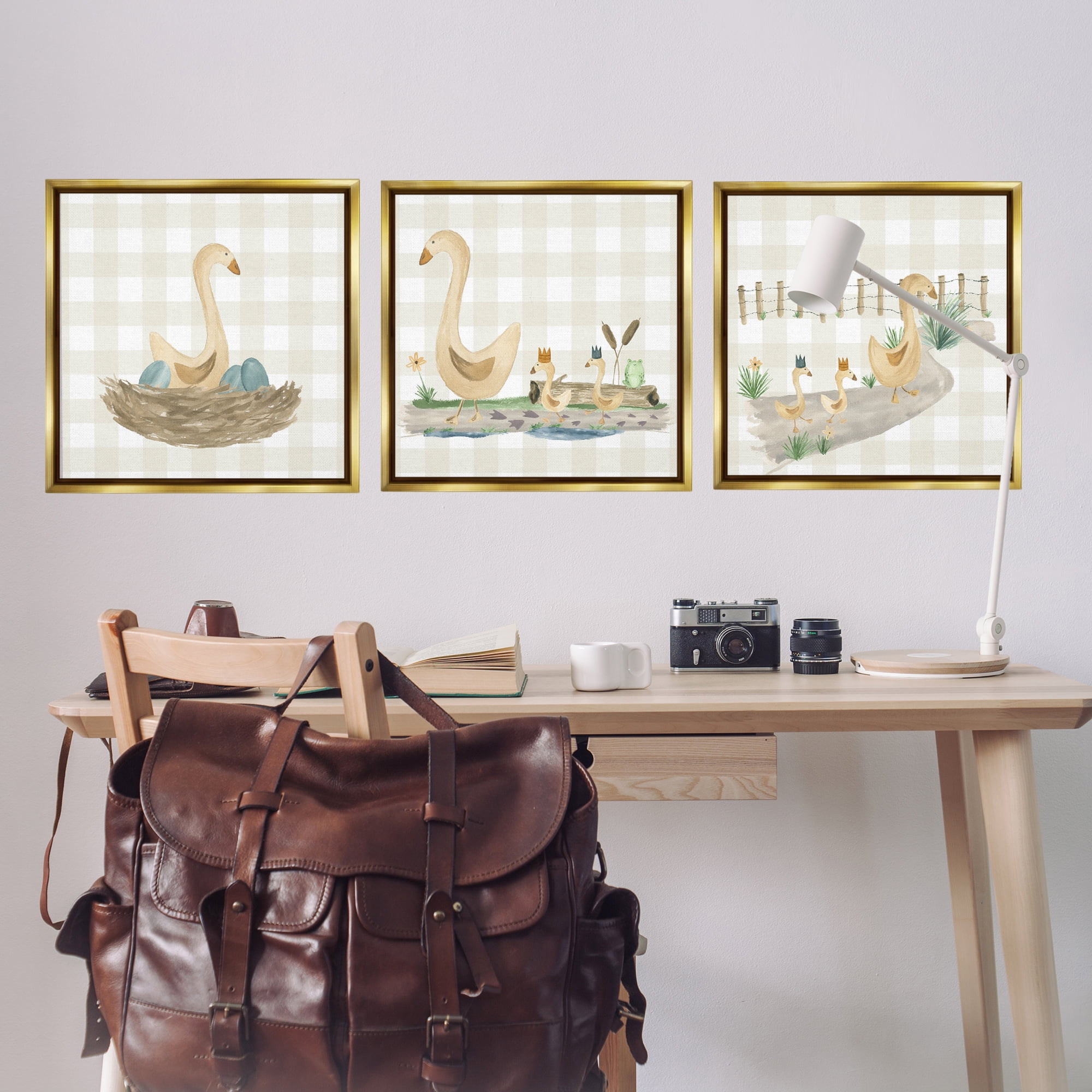 Stupell Industries Mama Goose & Ducklings Animals Painting Gold Floater Framed Canvas Art Print Wall Art, 25 x 25, Set of 3