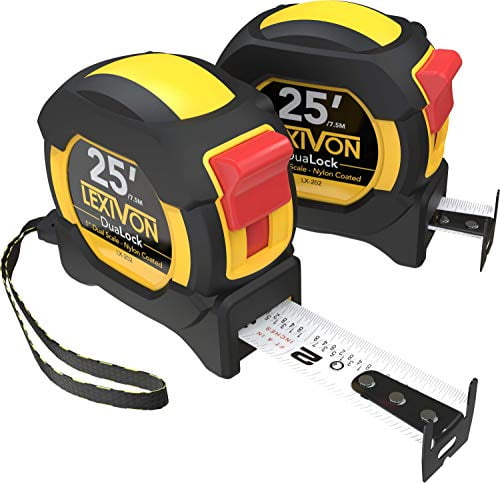 LEXIVON [2-Pack] 25Ft/7.5m DuaLock Tape Measure | 1-Inch Wide Blade with Nylon side, Matt Finish White & Yellow Dual Sided Rule Print | Ft/Inch/Fractions/Metric (LX-202)