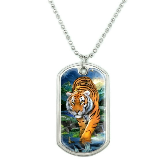 Tiger Stalking at Sunset Butterflies Military Dog Tag Pendant Necklace with Chain