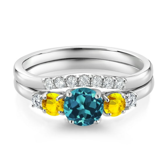 Gem Stone King 10K White Gold London Blue Topaz Yellow Sapphire and White Lab Grown Diamond 5 Stone Bridal Engagement Wedding Ring Set for Women (1.08 Cttw, Round: 5MM and 3MM, Size 5)