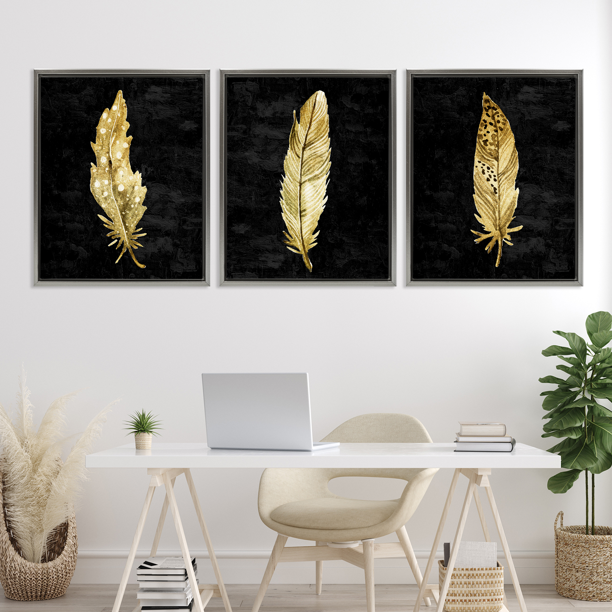 Black & Gold Feathers 3 Piece Gray Framed Floater Canvas Set, design by Kim Allen