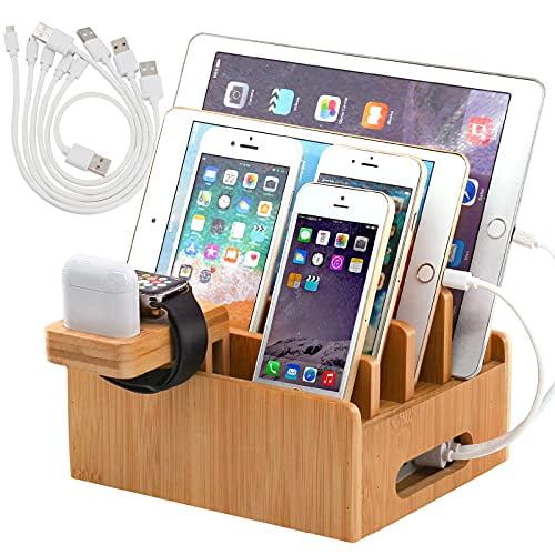Samsung Bamboo Docking Phone Station Apple watc Shelf Charger and Stand Organizer Tech Gadget Box for Ipad Wood Charging Station for Apple Products and Wireless Devices Tablets iPhone Airpods