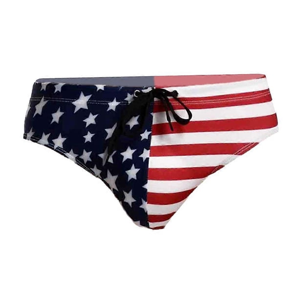 Men USA Flag Printing Brief Triangle Underpants Swimwear Bikini Briefs Beach Swimsuit Size M (Blue)