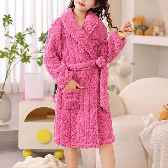 KkSLirnhs S Girls Pajamas in Clearance $5 Girls Pajamas Long Sleeve Children's Sleeping Robe Girls' Coral Velvet Bathrobe Long Winter Flannel Winter Thick Home Clothes Pajamas Pink