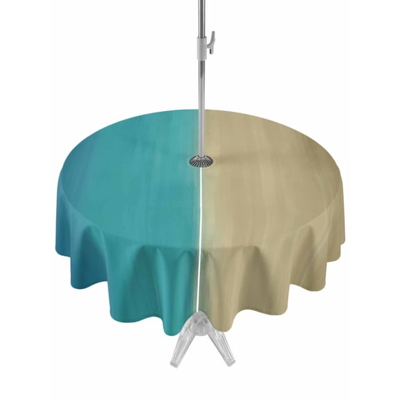 Outdoor Tablecloths with Umbrella Hole & Zipper, Teal Blue Khaki Ombre Round Tablecloths 60 Inch, Modern Abstract Gradient Art Waterproof Table Cloth, Patio/Pool/Picnic Table Covers