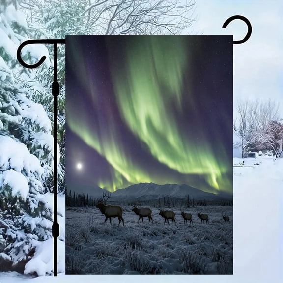 RKSupls Linen Double Sided Garden Flag, Aurora Reindeer Tundra Scene Yard Flag Durable Wrinkle-Proof Outdoor Decor for Garden Lawn Patio and Holiday Gift
