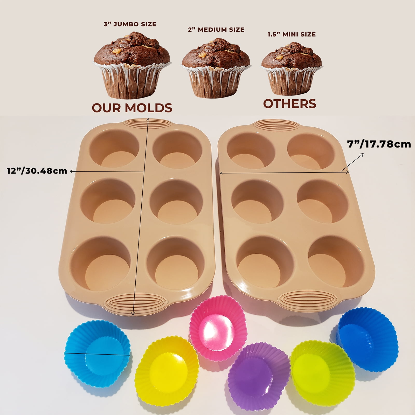 Vnray 2 Pack Silicone Muffin Baking Pan & Large Cupcake Tray 6 Cup -  Nonstick Giant Cake Molds/Tin, Large Silicon Bakeware, BPA Free, Dishwasher  