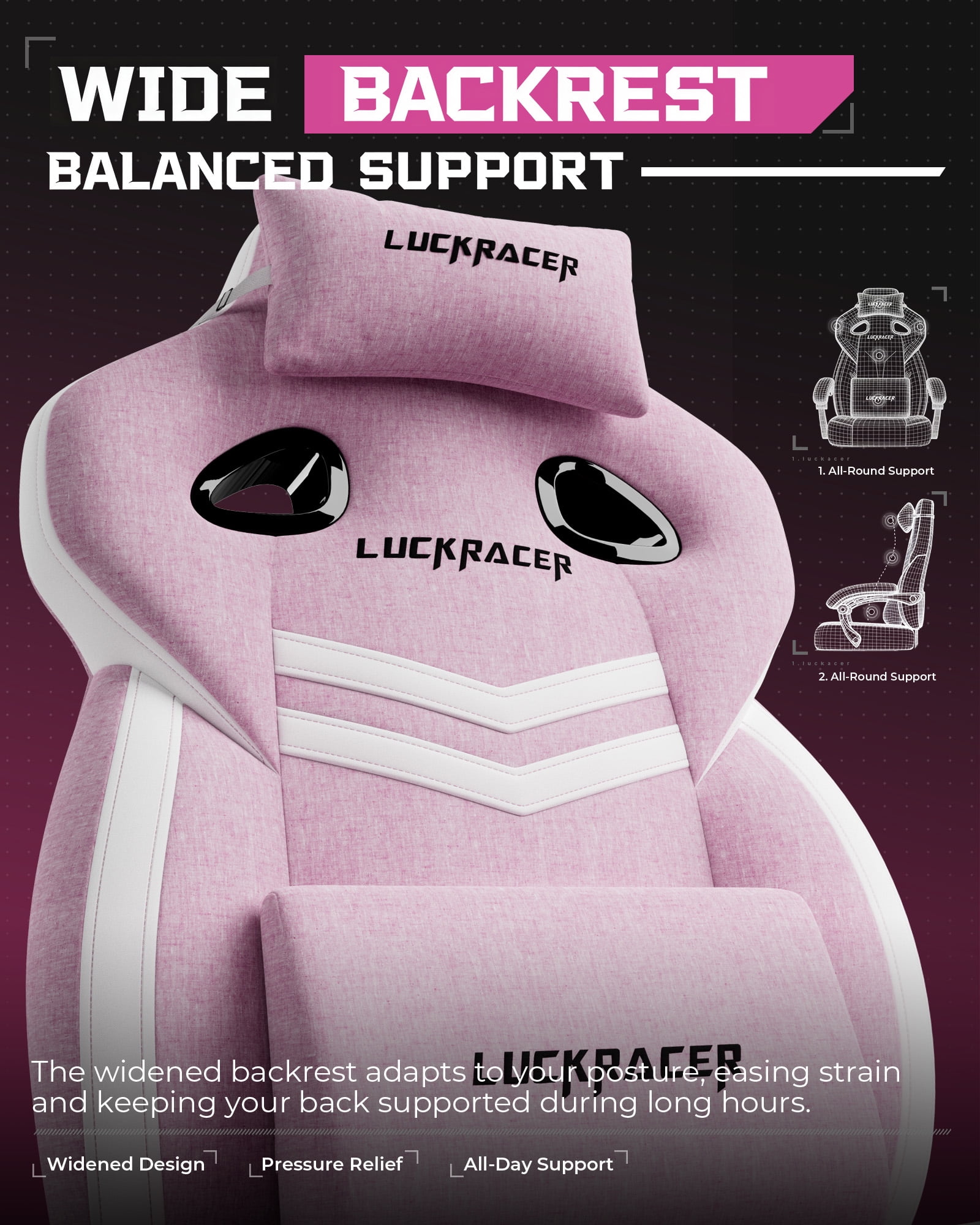 LUCKRACING Fabric PC Gaming Chair with Footrest and Lumbar Support, Pink