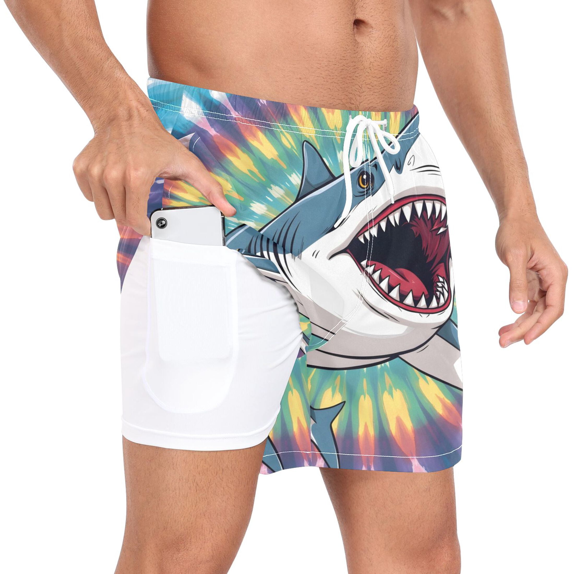joogoo Men's Shark Tie Dye Swim Trunks with Liner Pocket Beach Shorts Large