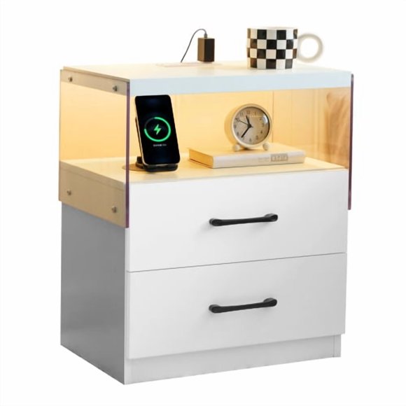 Smart Nightstand with LED Light, 2 Soft-Clean Drawers, Nightstand with Wireless Charging and USB Ports, White