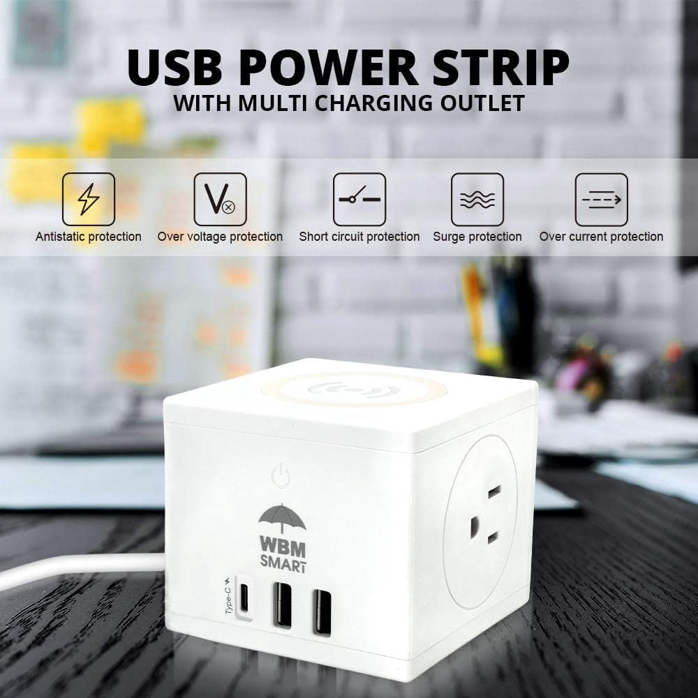 WBM Power Strip Cube, Wireless Charge with 2 AC Outlets, 2 USB Ports & 1 Type C Plug, White