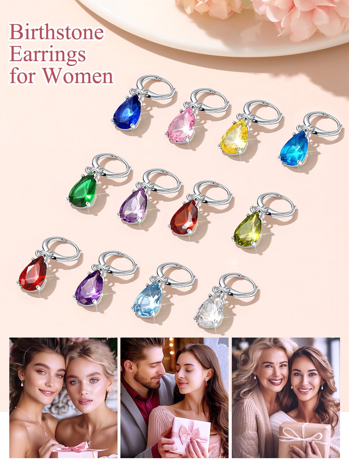 FOCALOOK Birthstone Dangle Hoop Earrings for Women Sterling Silver Teardrop Cubic Zirconia May Green Emerald Leverback Huggie Drop Earrings Birthday Mothers Day Jewelry Gift