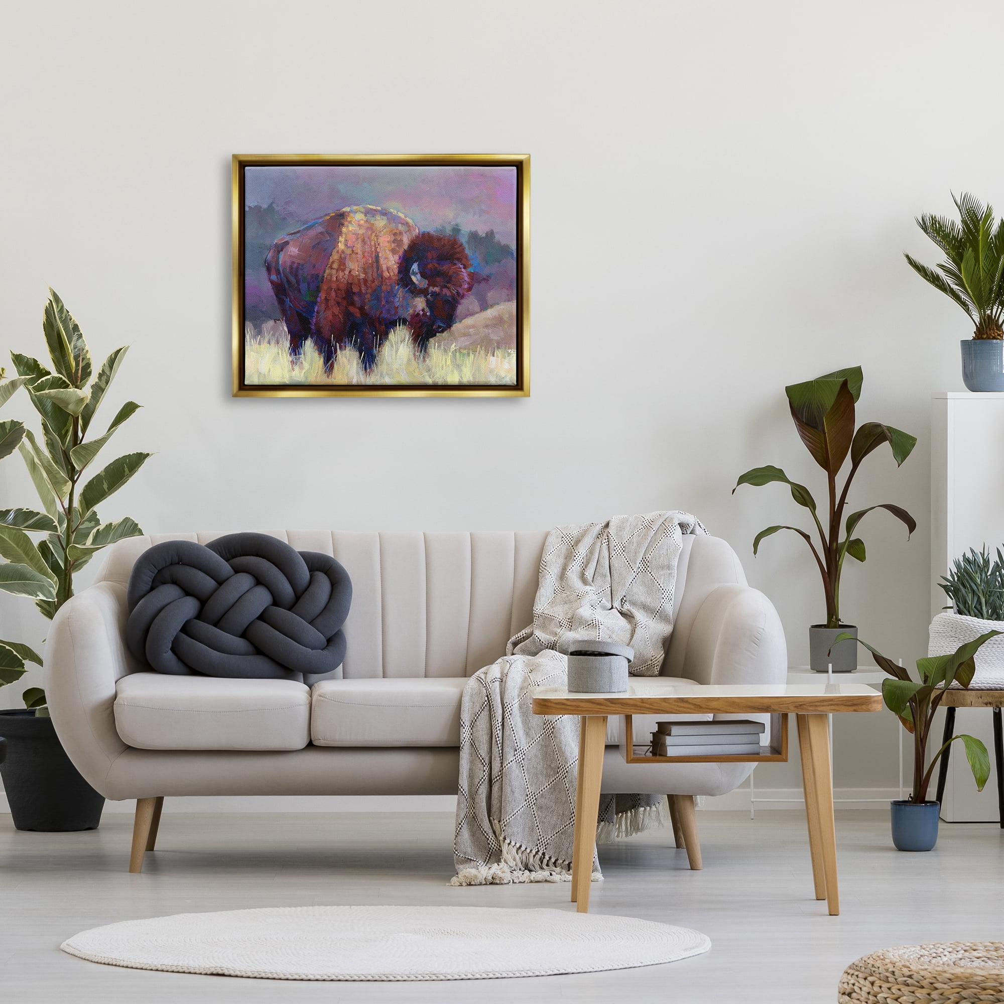 Stupell Industries Vibrant Bison Grazing Rural Meadow Purple Landscape Painting Metallic Gold Floating Framed Canvas Print Wall Art, Design by Robert Jackson