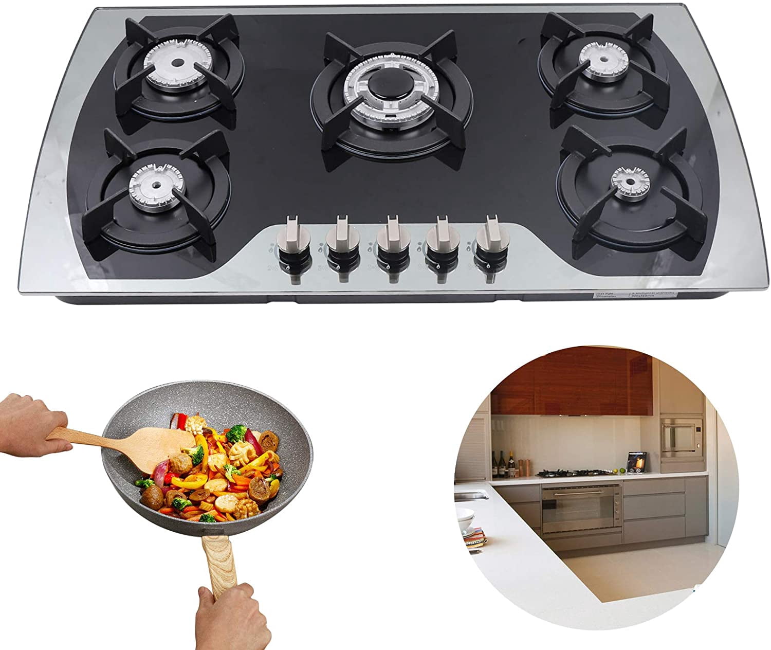 Fetcoi, Gas Cooktop 35.4" Tempered Glass LPG/NG Gas Built in 5 Burner Gas Stove Iron Grate Stove Hob Cooktop Tempered Glass Fuel