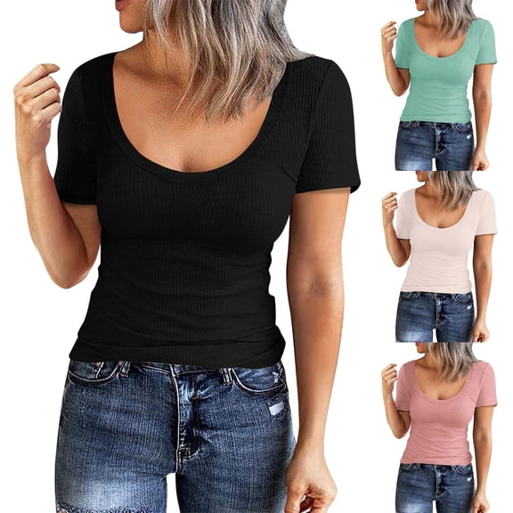 QHWAUAKFBN T Shirts For Women Loose Fit Short Sleeve Scoop Neck Ribbed Fitted Kni Basic Tight Henley Solid Color Summer Tshirts Top