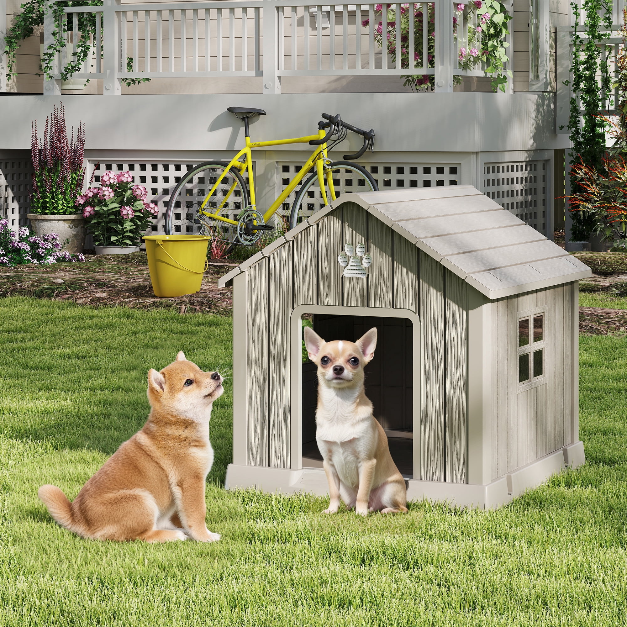 Nihsuao Dog House, Weatherproof Resin Dog House for Small Medium Dogs with Air Vents & Windows, Elevated Floor, Pet Shelter for Indoor & Outdoor, Gray, 31" L x 33.3" W x 33.5" H