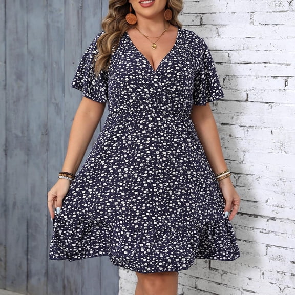 Women's Dress Plus Size V Neck Short Sleeve Loose Fit Casual Comfort Dresses Navy XXXXL