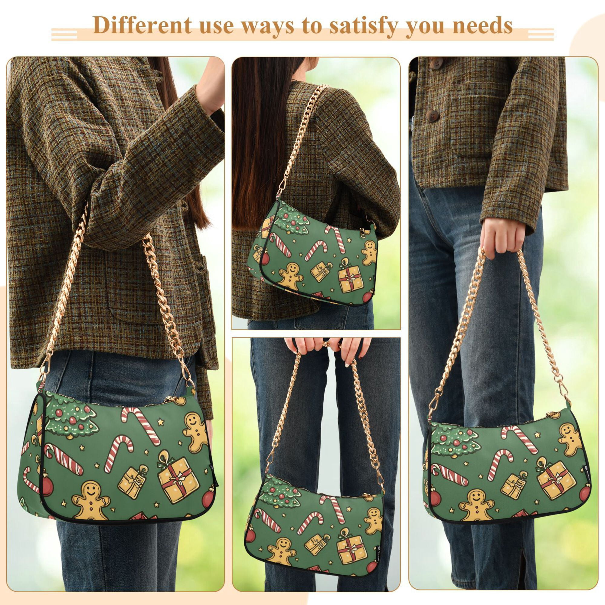 FORMRS Womens Shoulder Bag with Chain Strap Clutch Purse Cute Tote Handbag, Yellow Christmas Gingerbread