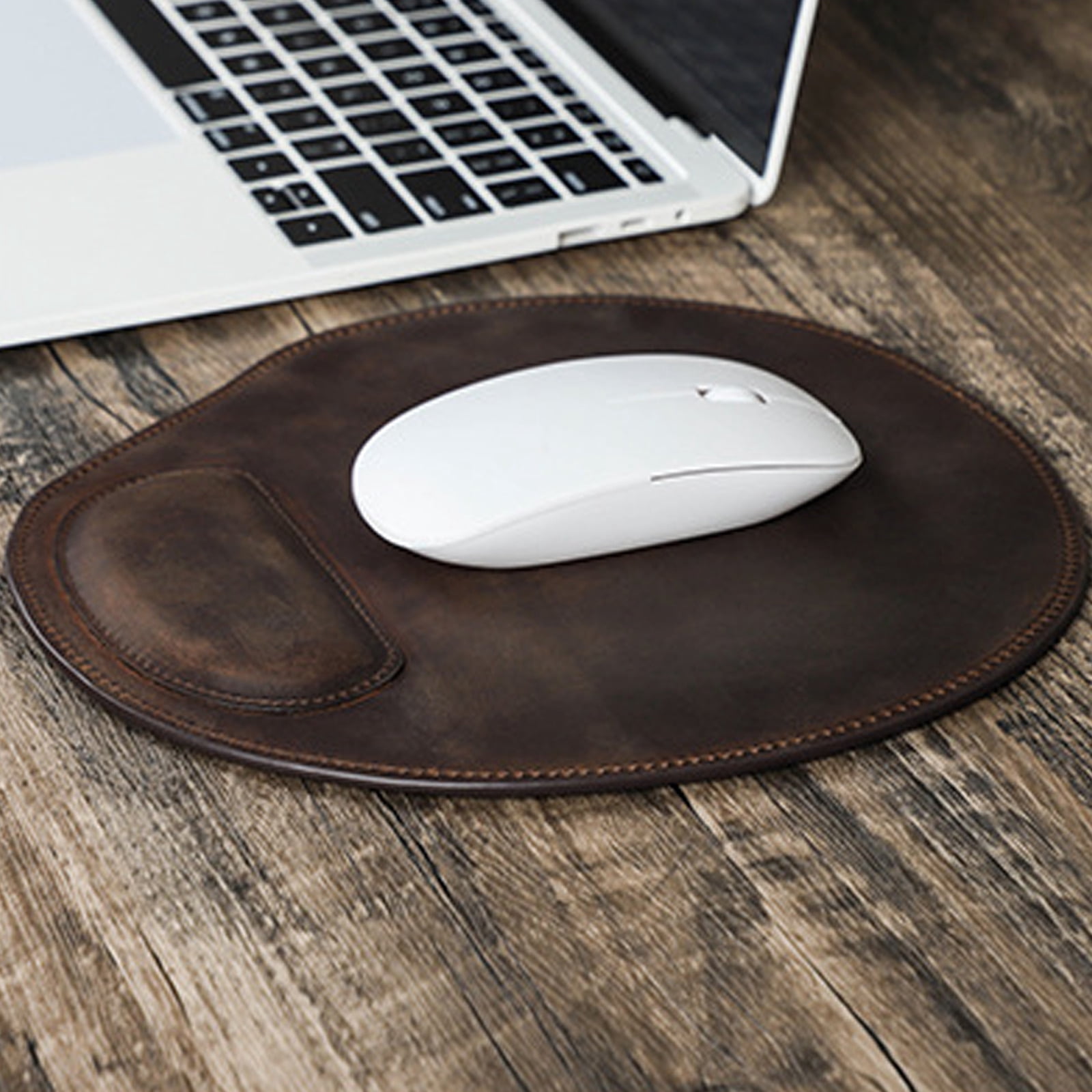 Ergonomic Mouse Pad with Wrist Rest - Premium Crazy Horse Leather Coffee Color - Gel-Filled Cushion, Non-Slip Microfiber Base, Comfortable Office & Home Desk Accessory (9.4" x 8.7")